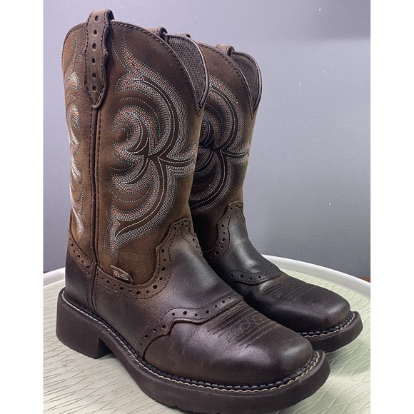 Justin Women's Leather Western Brown/Green/Orange Cowboy Boots Cowgirl Sz. 6 B